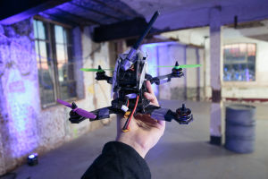 My FPV steed, a custom-built quadcopter <a href="http://www.radioc.co.uk">made by RadioC</a>. At the start of the day, there was no duct tape. And I could've sworn there was once a fourth propeller...