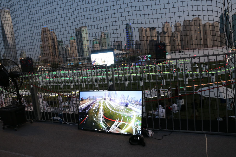 One of the viewing stations dotted around the grandstand, with some first-person-view headsets, for those who want to experience the race from a pilot's perspective