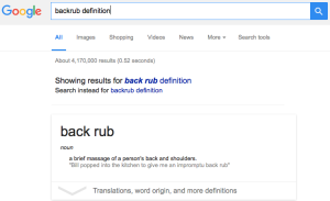 Google's search result for "backrub definition."
