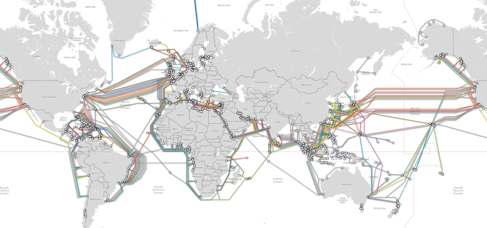 A map of the world's submarine cables. Not pictured: Lots and lots of terrestrial cables.