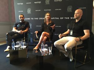 L to R: Ash Pournouri (At Night Management), Natalia Brzezinski (CEO Symposium Stockholm), and Daniel Ek (Spotify founder) discuss the purpose of the two-day event.