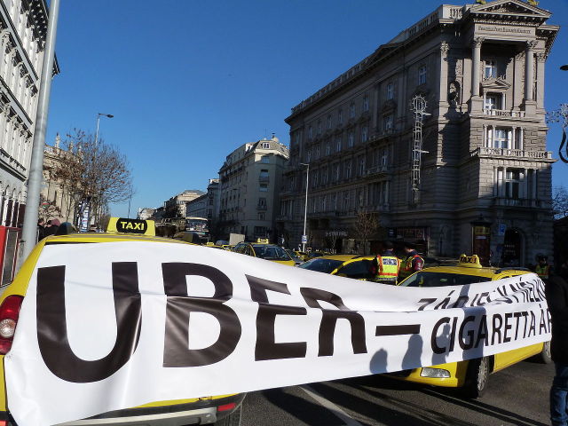 Taxi drivers protest against Uber in Budapest in January 2016.