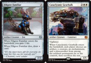 Artifacts are a major theme in Kaladesh—both normal ones on the left, plus the introduction of some coloured ones, too.