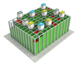 A cutaway look at the Ocado grid, showing you just how deep it goes (up to 21 totes or 8 metres, apparently).