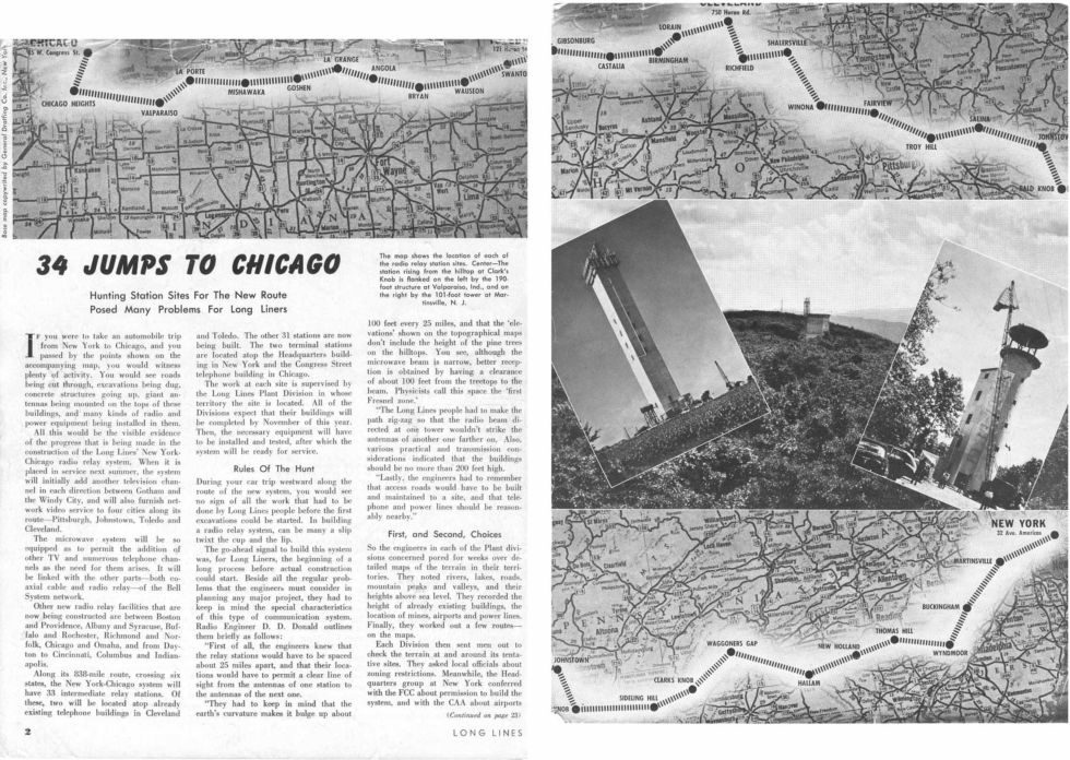 A 1949 newspaper clipping showing AT&amp;T's "just 34 hops" microwave link from New York to Chicago.