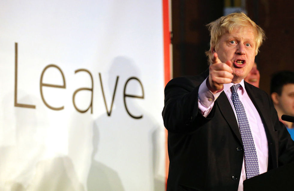 Boris Johnson addresses supporters during a rally for the "Vote Leave" campaign.