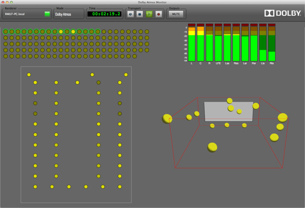 The interface used to mix a Dolby Atmos film. The yellow dots in the lower right represent sound objects that can be moved around the listening space.