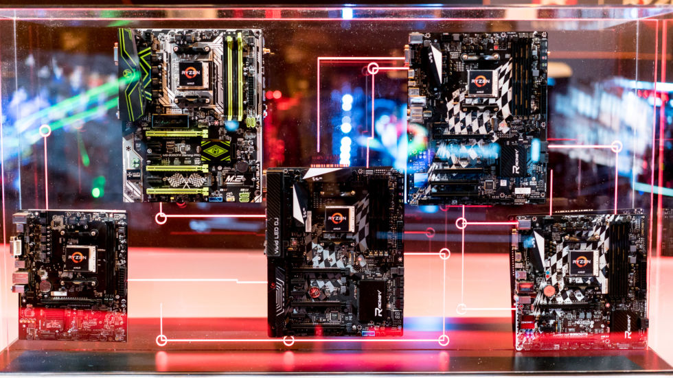 A selection of AM4 motherboards on show at CES.