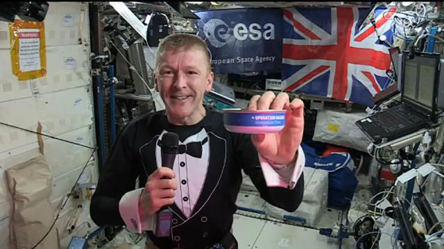 Tim Peake, aboard the ISS, eating a special meal prepared by Heston. (Sadly, due to regulations, it had to be tinned.)