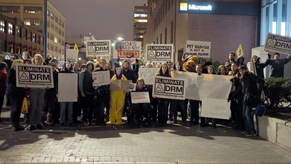 Street protests against DRM in Cambridge, Massachussetts, in March, 2016.