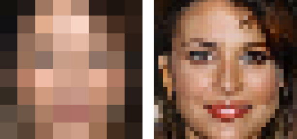 a blurred image and a pixelated image of a face of a woman