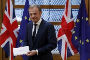The current president of the European Council, Donald Tusk, receiving the UK's Article 50 letter.