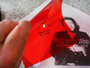 A Leonard Cohen flexi-disc. You can just about see the darker audio track around the outside edge.