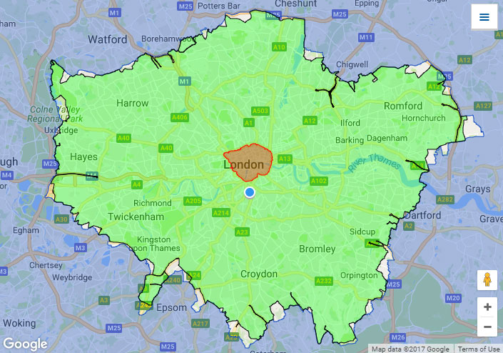 The current Low Emission Zone (green) and Congestion Charging zone (red). The ULEZ will at first occupy the same red area, and then will likely expand to the same or similar area as the LEZ, which makes up most of the Greater London area. Ignore the blue dot - that's my house...