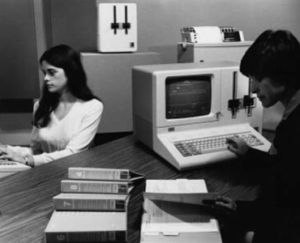 An archive photo from IBM showing the System/23 Datamaster, and presumably some university students.