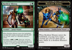 An Eternalize card on the left, plus its special token card, which can be found in some booster packs.